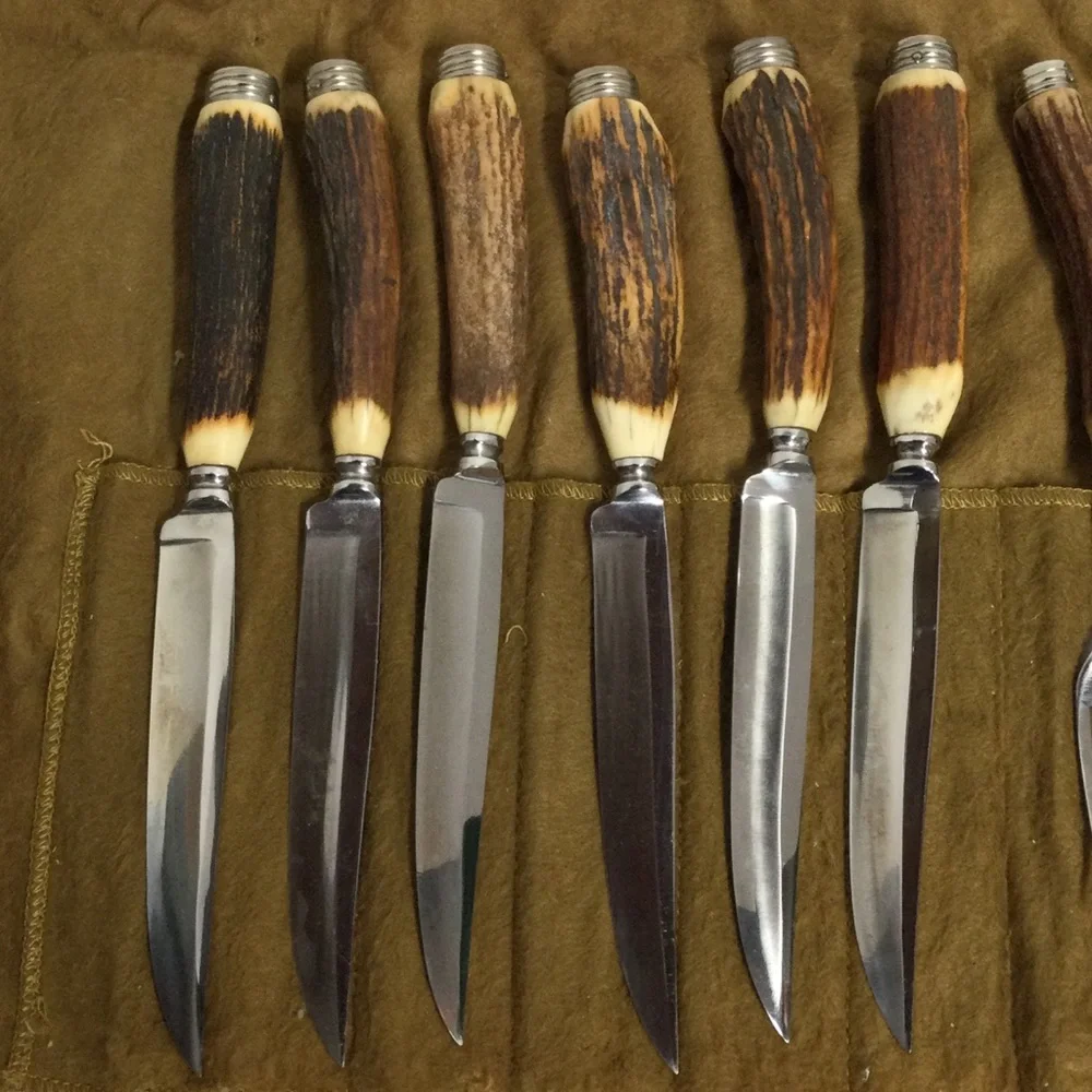 Vintage Stag Horn Flatware Antler Handle Steak Knife & Fork Set 12 Rustic Brown